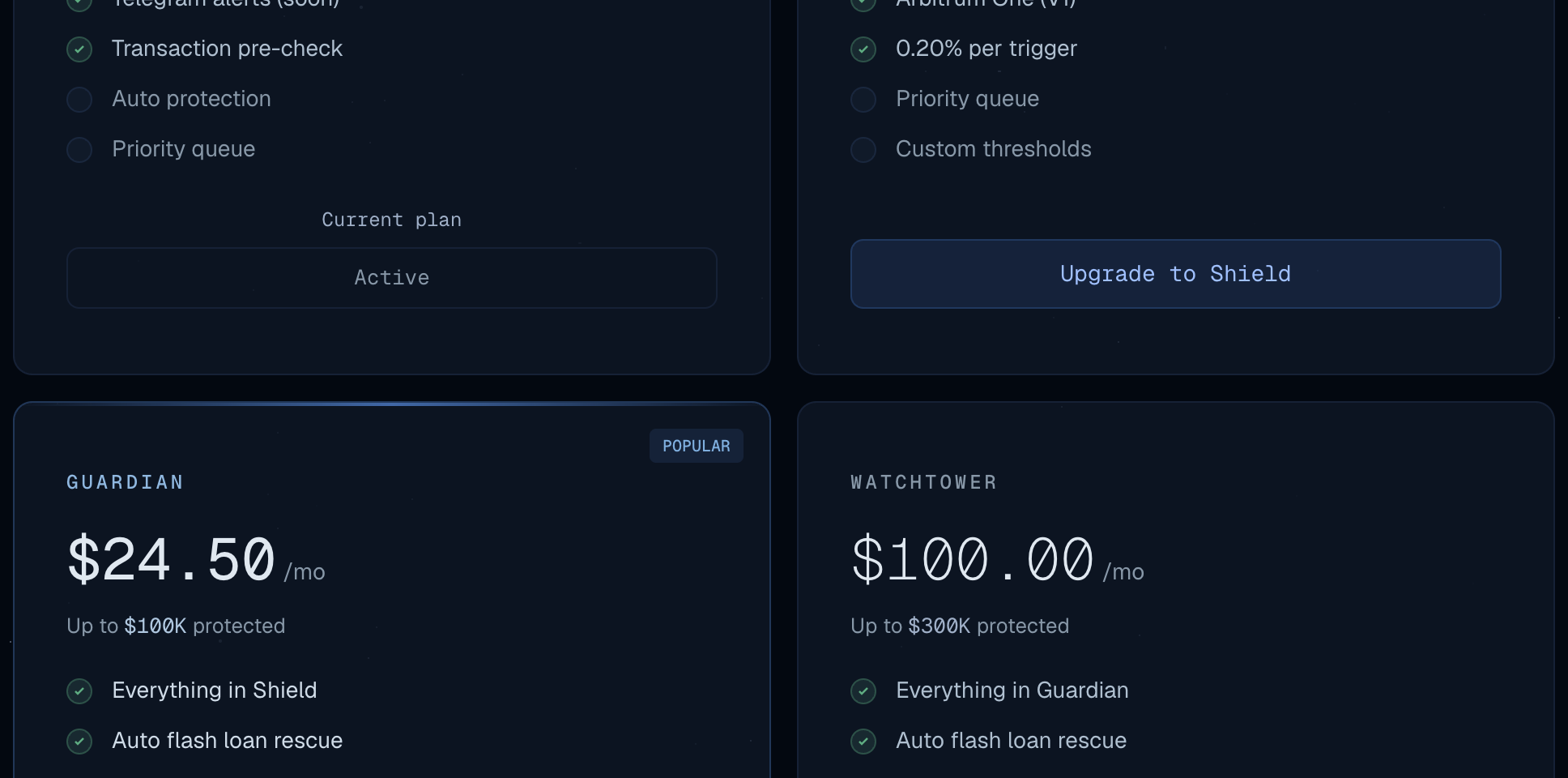 The Plan page: Lite is free and only watches, Shield adds automatic rescues for 2.50 USDC per month.