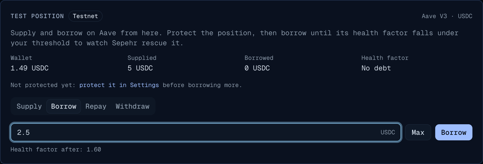 The Borrow tab: 2.50 USDC against 5 supplied gives a health factor of 1.60.