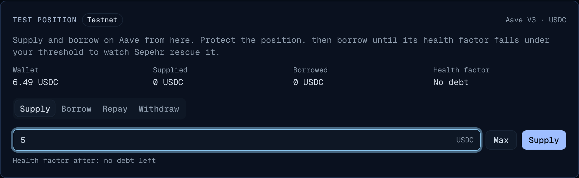 The Test position card, Supply tab, with 5 USDC typed in.