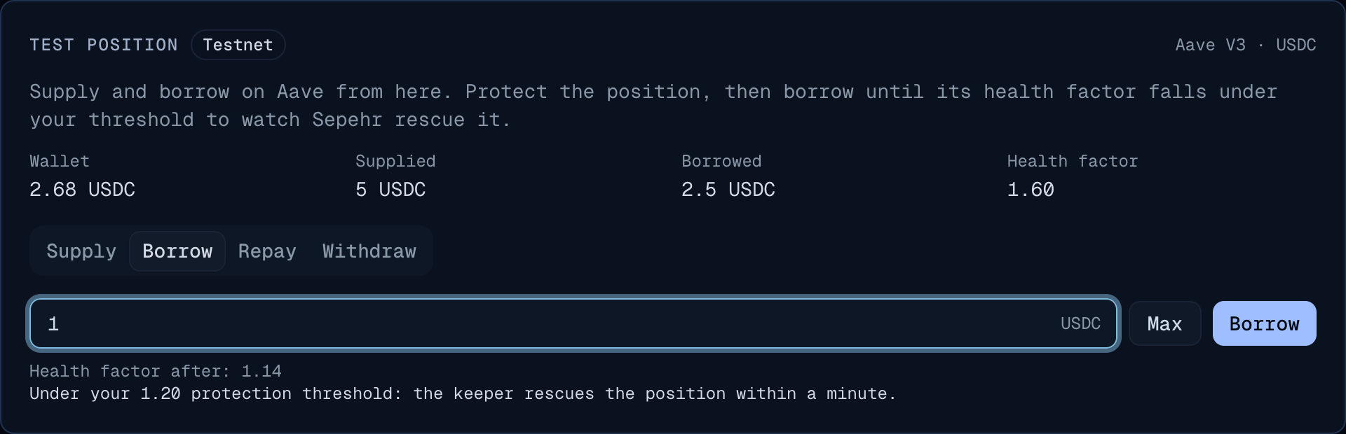 Borrowing 1 more USDC brings the health factor to 1.14, under the threshold.